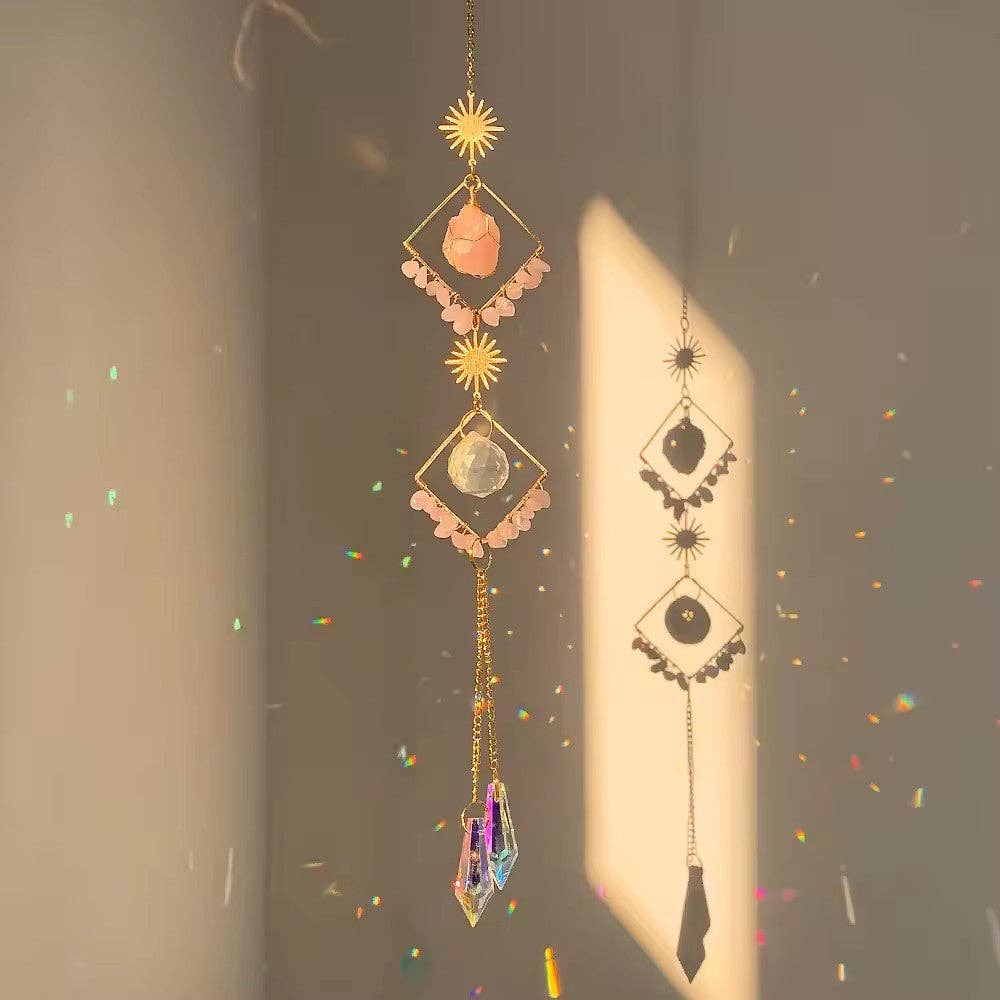 Natural Crystal Sun Catcher Geometric Diamond Wind Chime: Rose Quartz