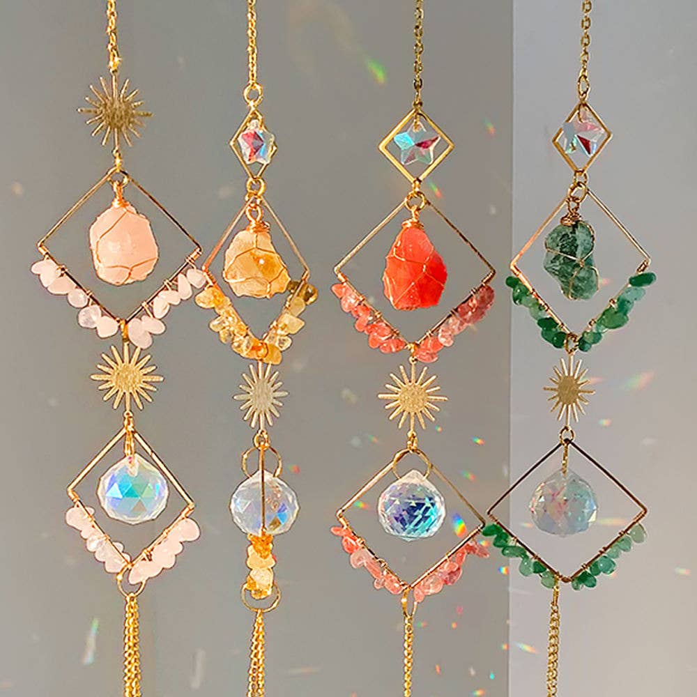 Natural Crystal Sun Catcher Geometric Diamond Wind Chime: Amethyst