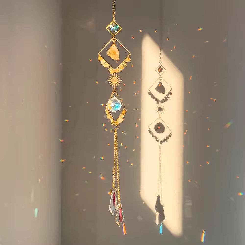 Natural Crystal Sun Catcher Geometric Diamond Wind Chime: Citrine