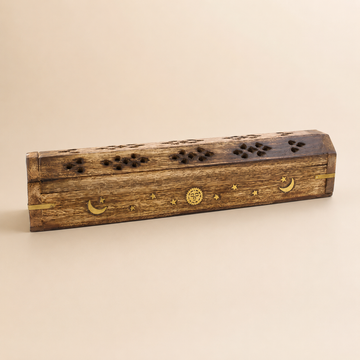 Hand Carved Wooden Incense Burner Box - Sun & Moon