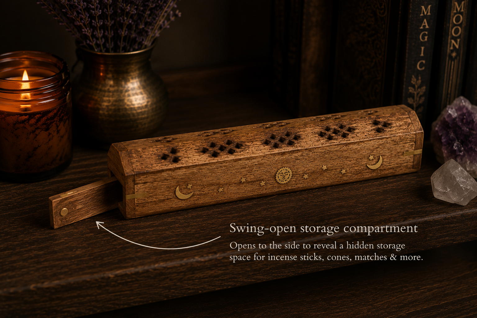 Hand Carved Wooden Incense Burner Box - Sun & Moon