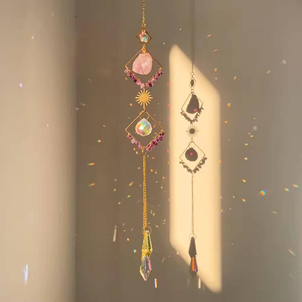 Natural Crystal Sun Catcher Geometric Diamond Wind Chime: Amethyst