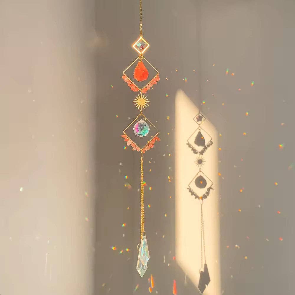 Natural Crystal Sun Catcher Geometric Diamond Wind Chime: Watermelon Red