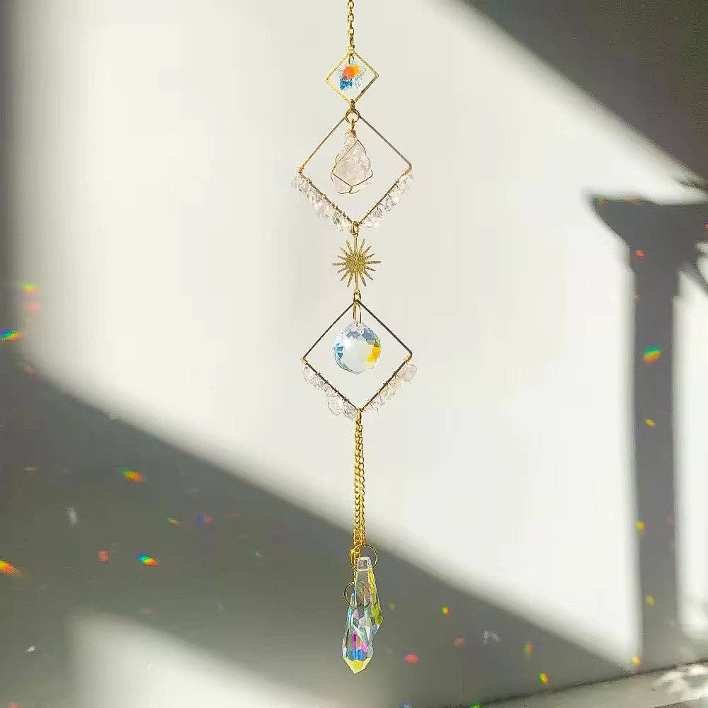 Natural Crystal Sun Catcher Geometric Diamond Wind Chime: Clear Quartz