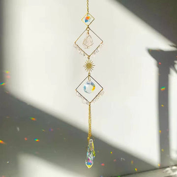 Natural Crystal Sun Catcher Geometric Diamond Wind Chime: Clear Quartz