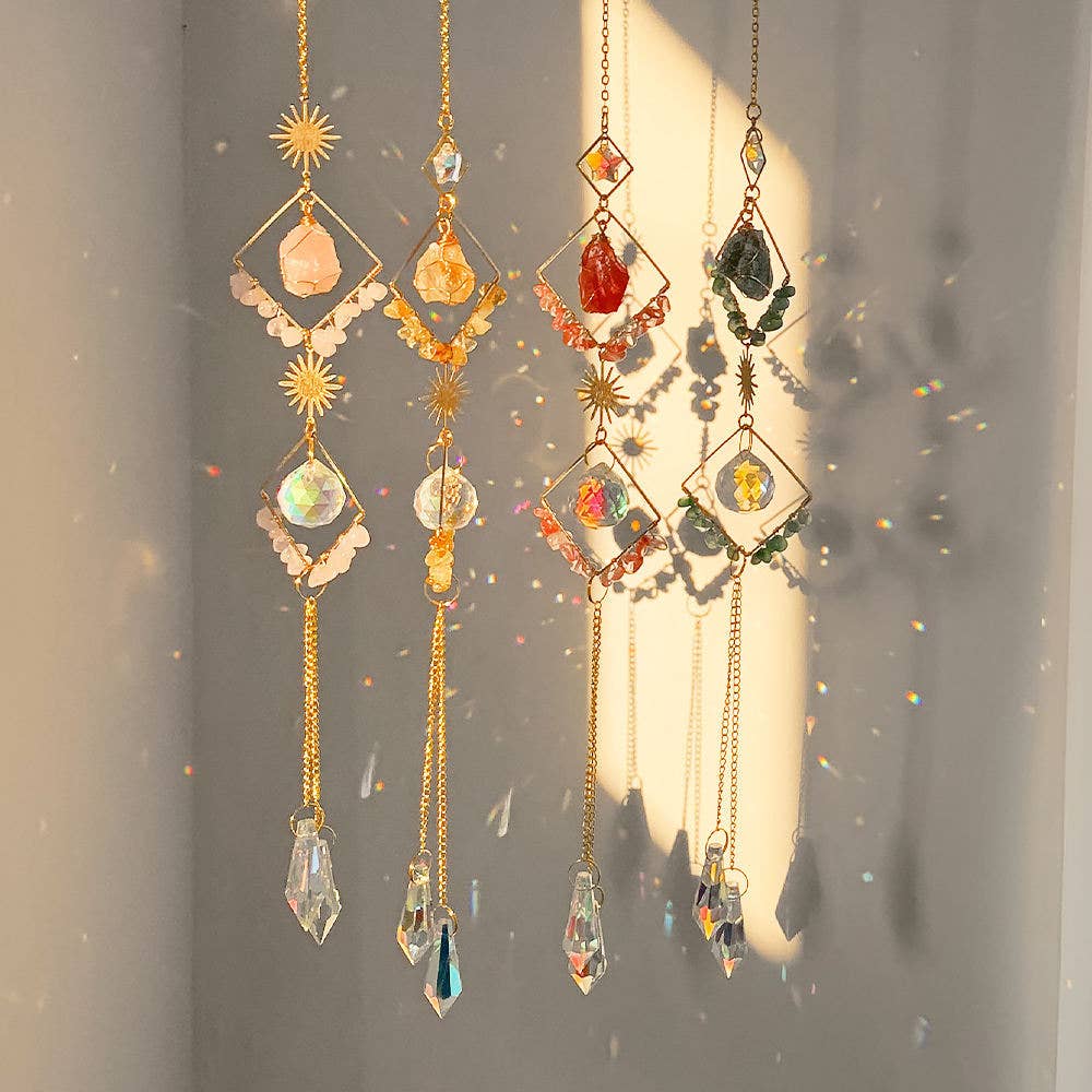 Natural Crystal Sun Catcher Geometric Diamond Wind Chime:  Amazonite